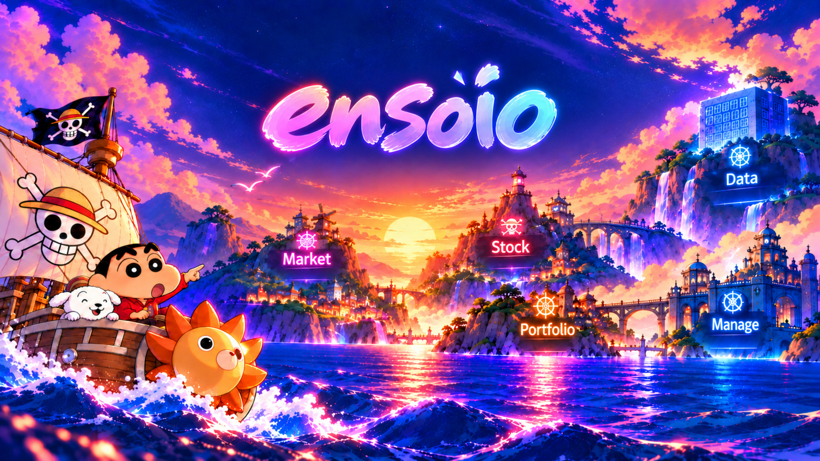 ensoio 首页：Market、Stock、Data、Portfolio 与 Manage 五个入口